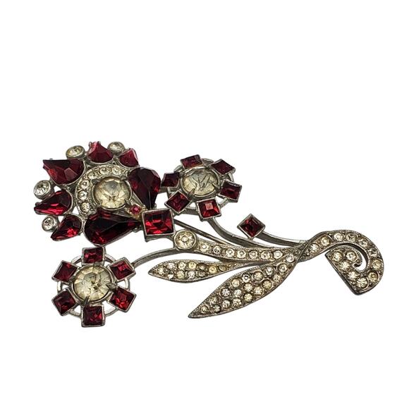 Vintage Large Flower Brooch Silver Pot Metal Red Rhinestone Huge Lapel Pin 1930s - Picture 3 of 6